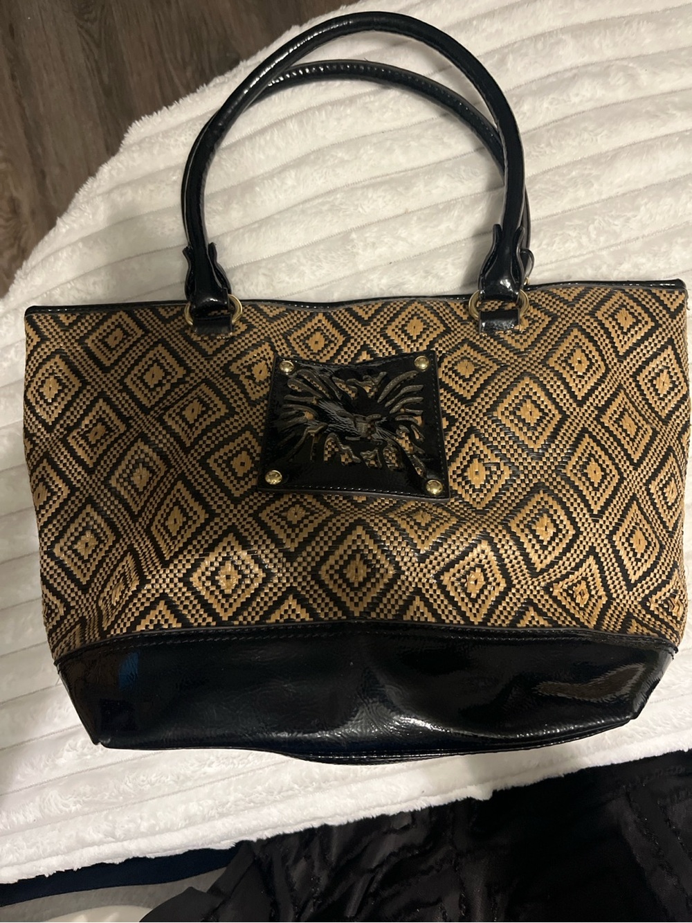 Anne Klein Black Patent Faux Leather & Woven Tote Bag Large Shoulder Purse